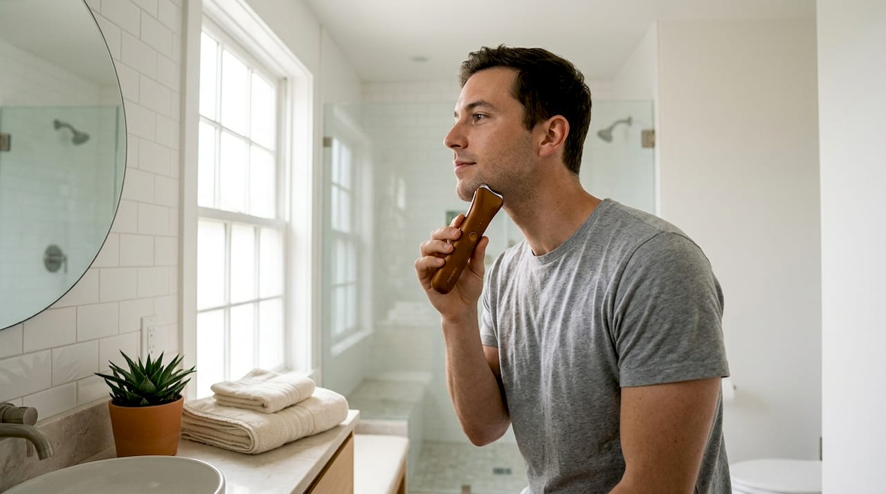 Man using microcurrent device at sink