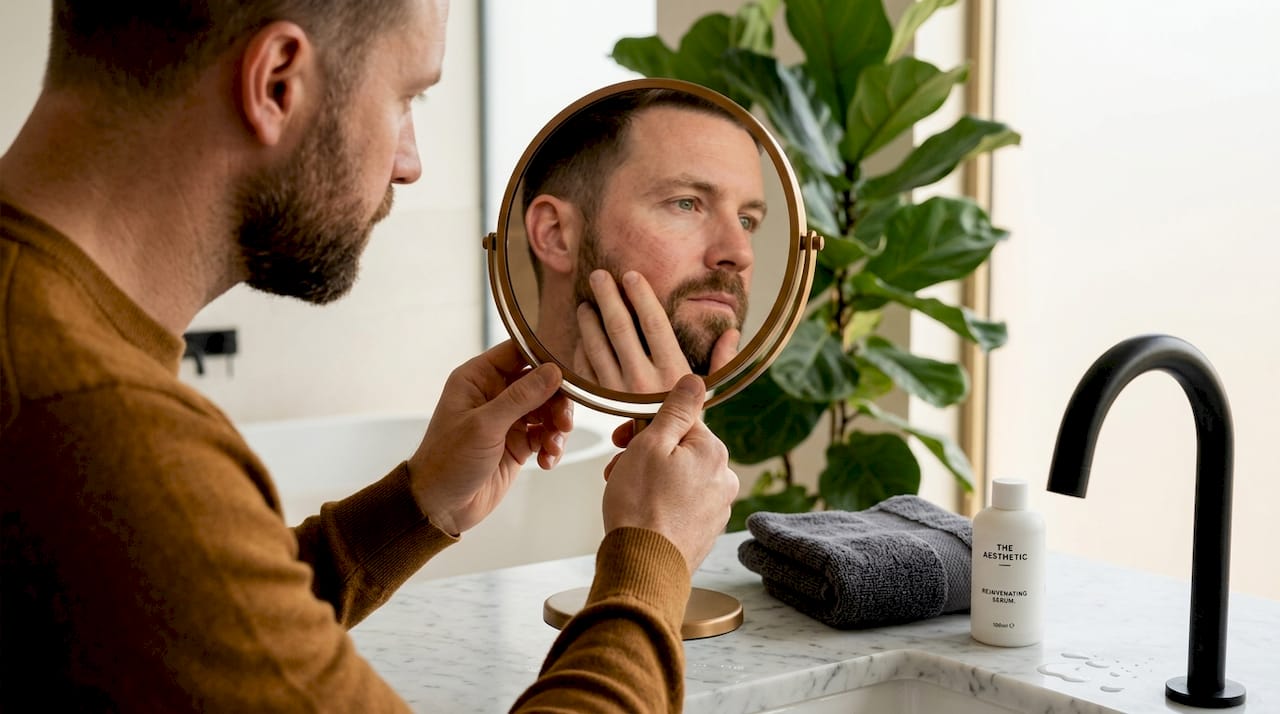 Man checking skin after red light therapy
