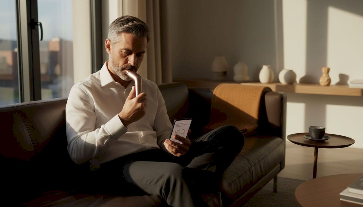 Man using microcurrent facial tool on sofa