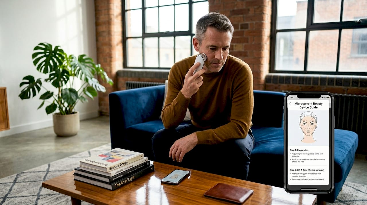 Man using microcurrent device with tablet directions