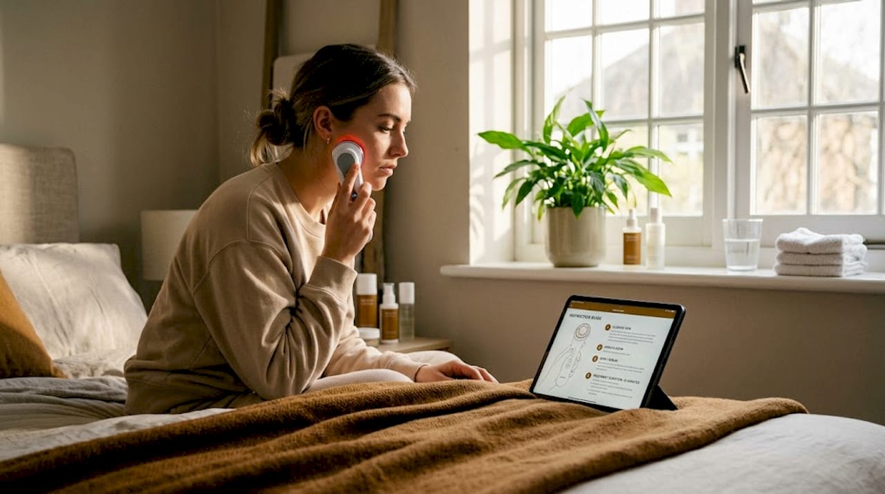 Woman using LED beauty device at home