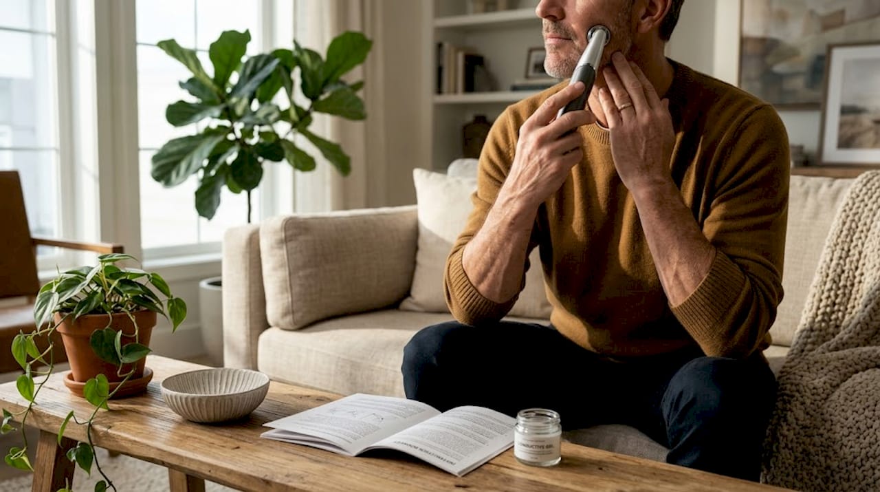 Hands using microcurrent facial wand at home