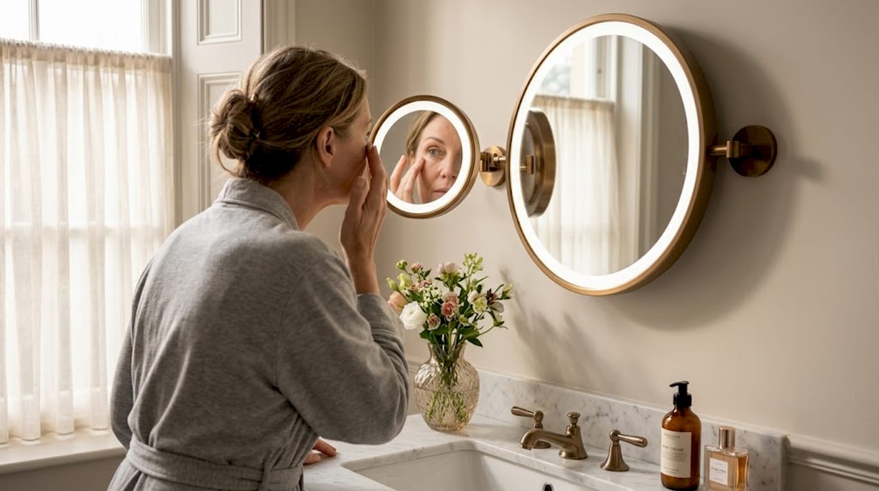 Woman examining skin in illuminated mirror