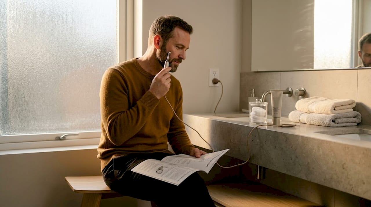 Man using microcurrent device at bathroom vanity
