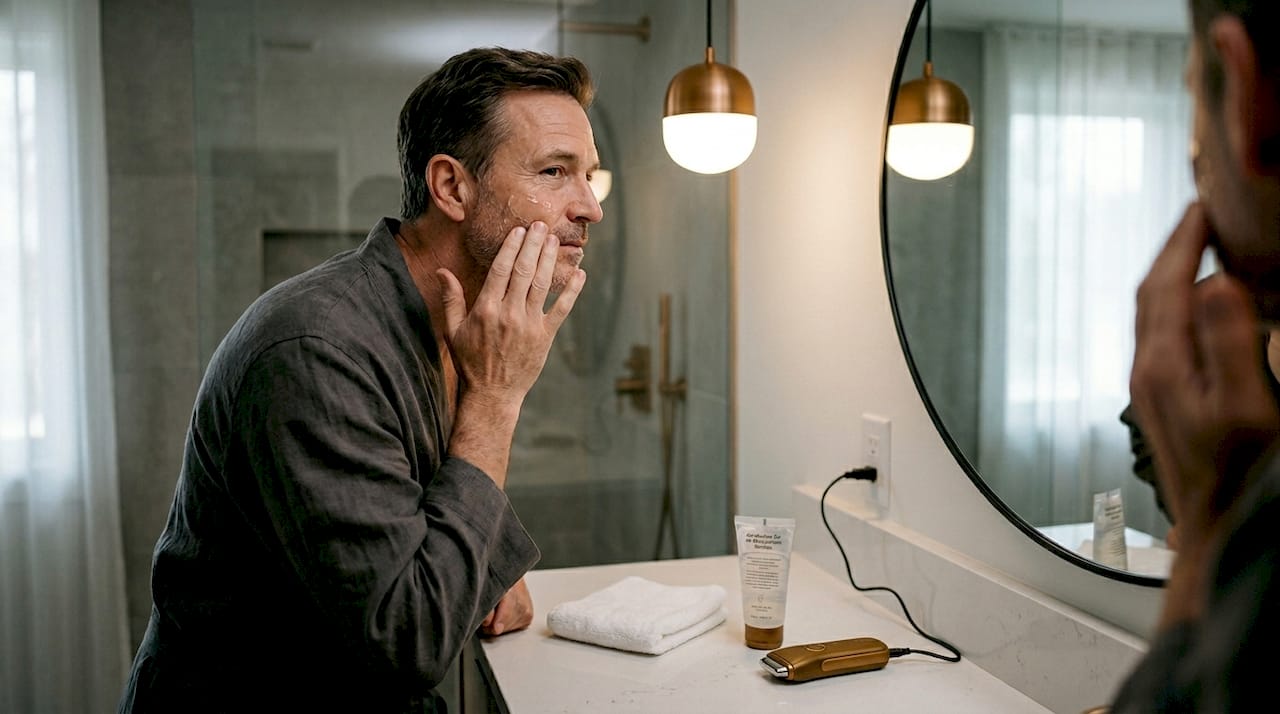 Man applying conductive gel in bathroom