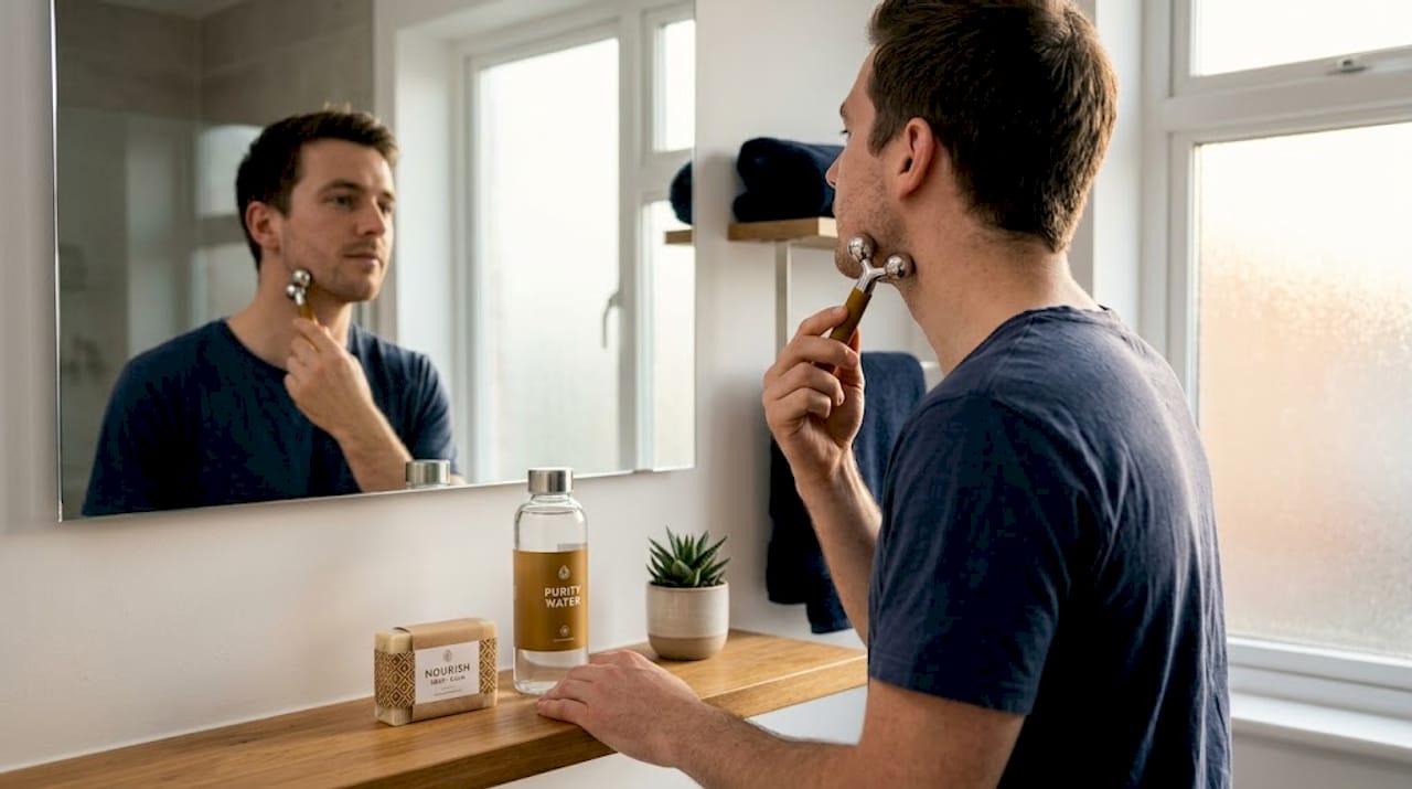 Man using facial roller in bedroom morning routine