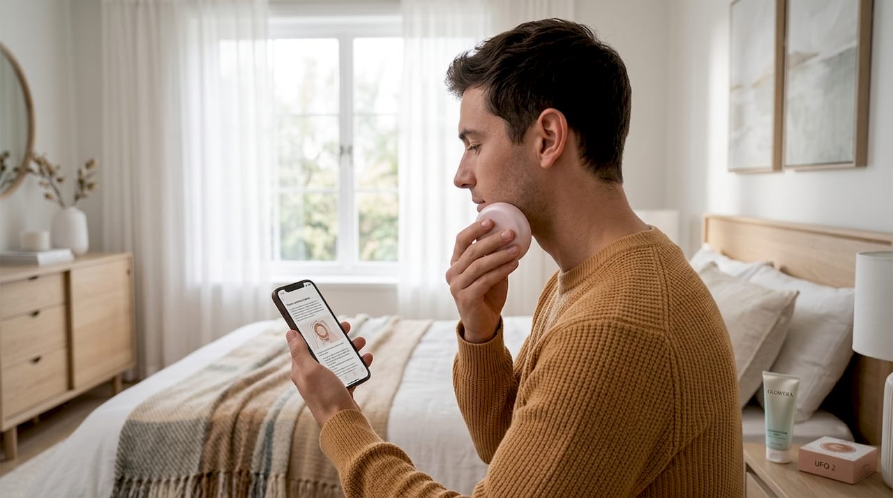 Man using smart skincare device in bathroom