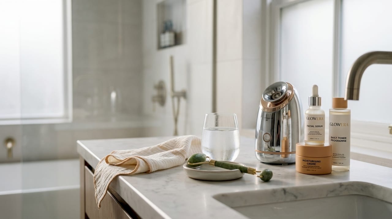 Essential facial tools on bedroom dresser