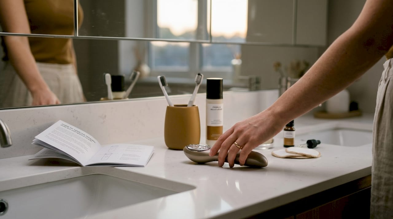 Handheld LED therapy wand on bathroom counter
