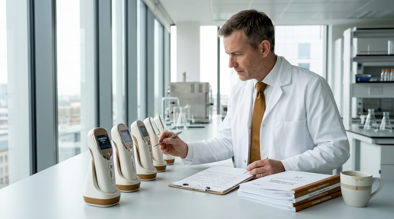 Technician calibrates skincare devices in lab