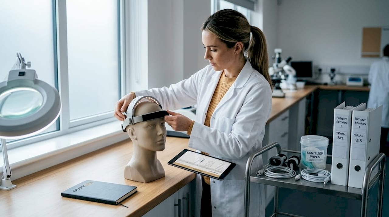 Lab technician testing LED light therapy device