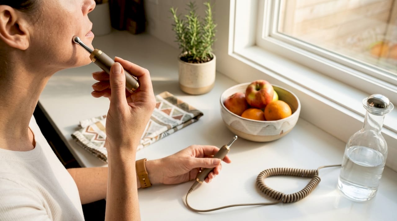 Hands using microcurrent beauty device at sink