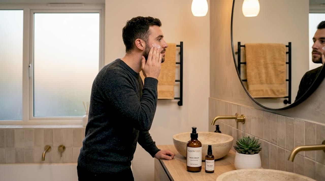 Man applies skincare at bathroom counter
