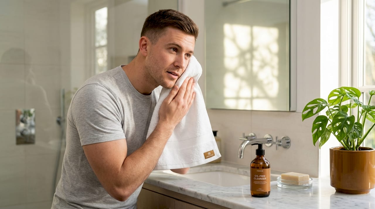 Man patting face dry after cleansing