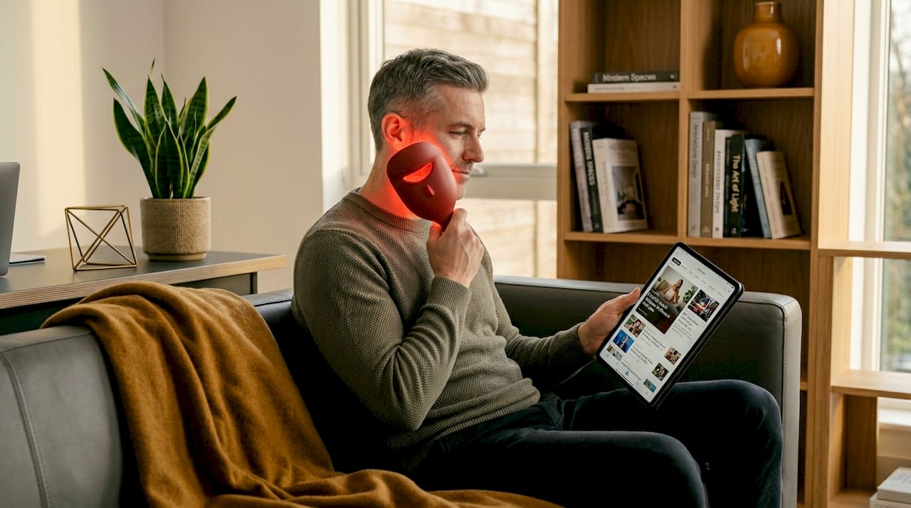 Person using red LED mask at home