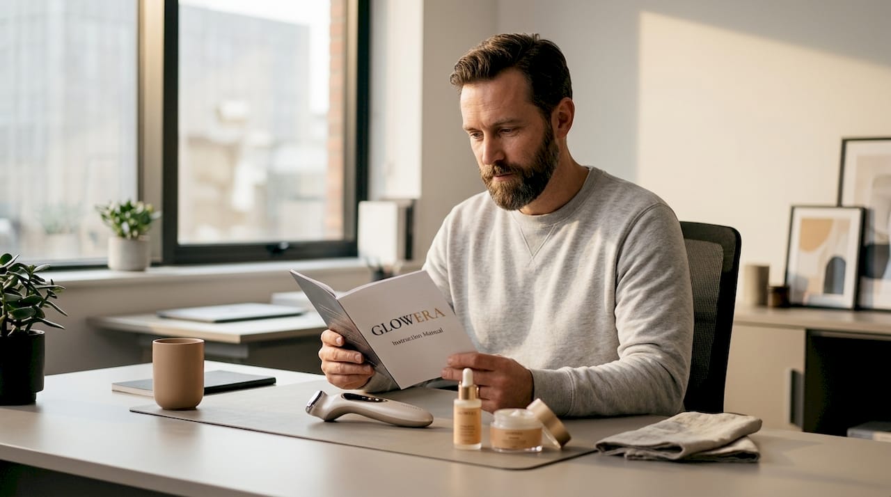 Man reading instructions for microcurrent device