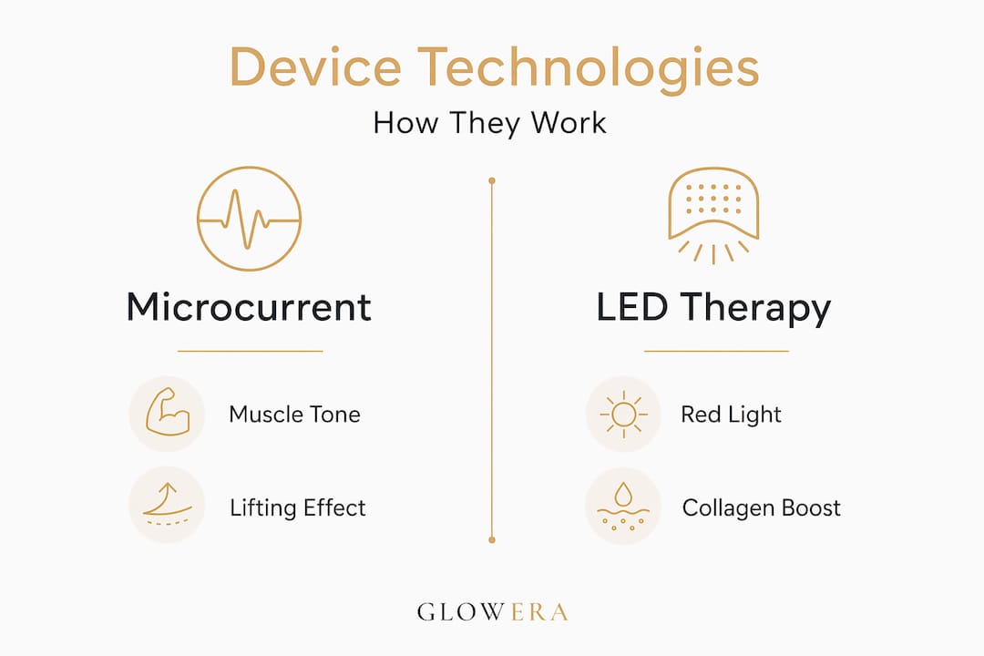 Infographic comparing microcurrent and LED facial device technology