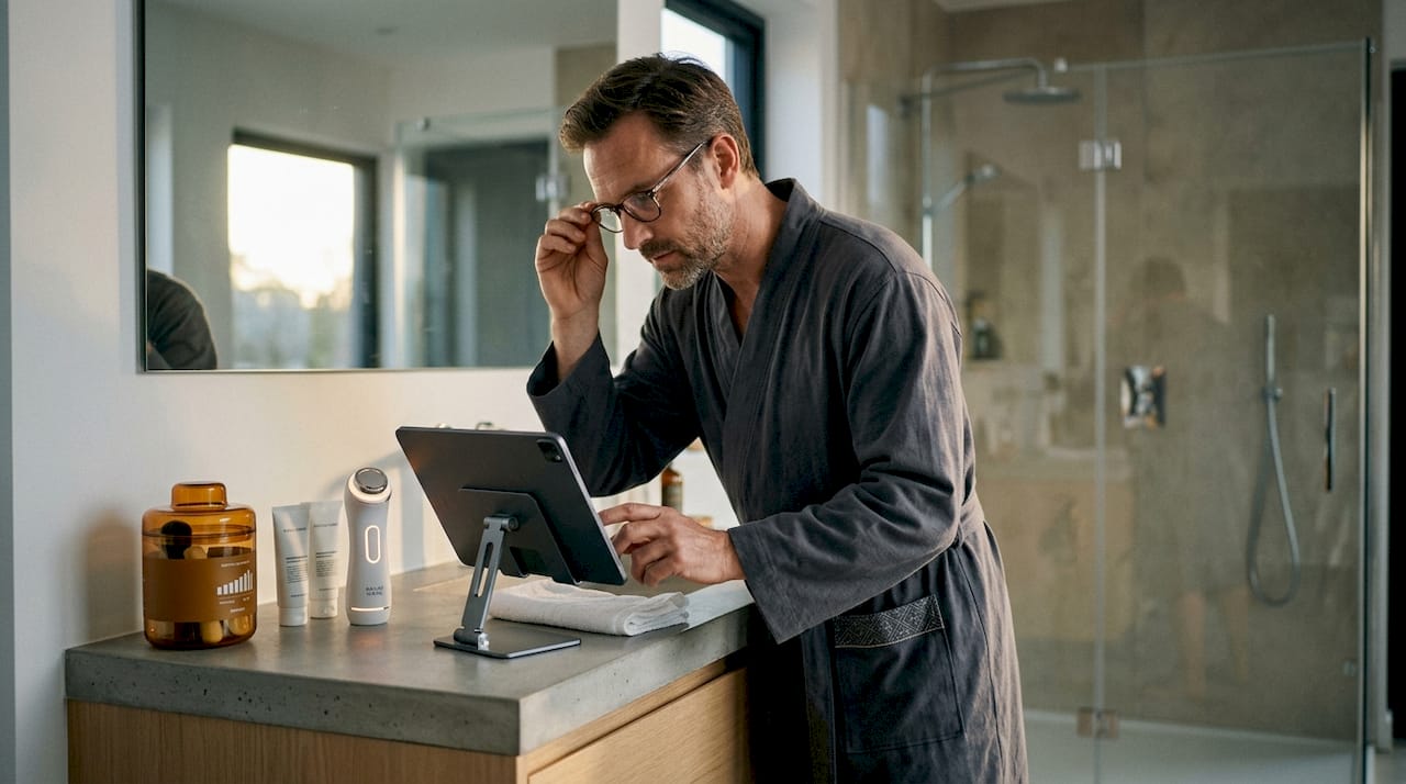 Man adjusting beauty device settings at sink