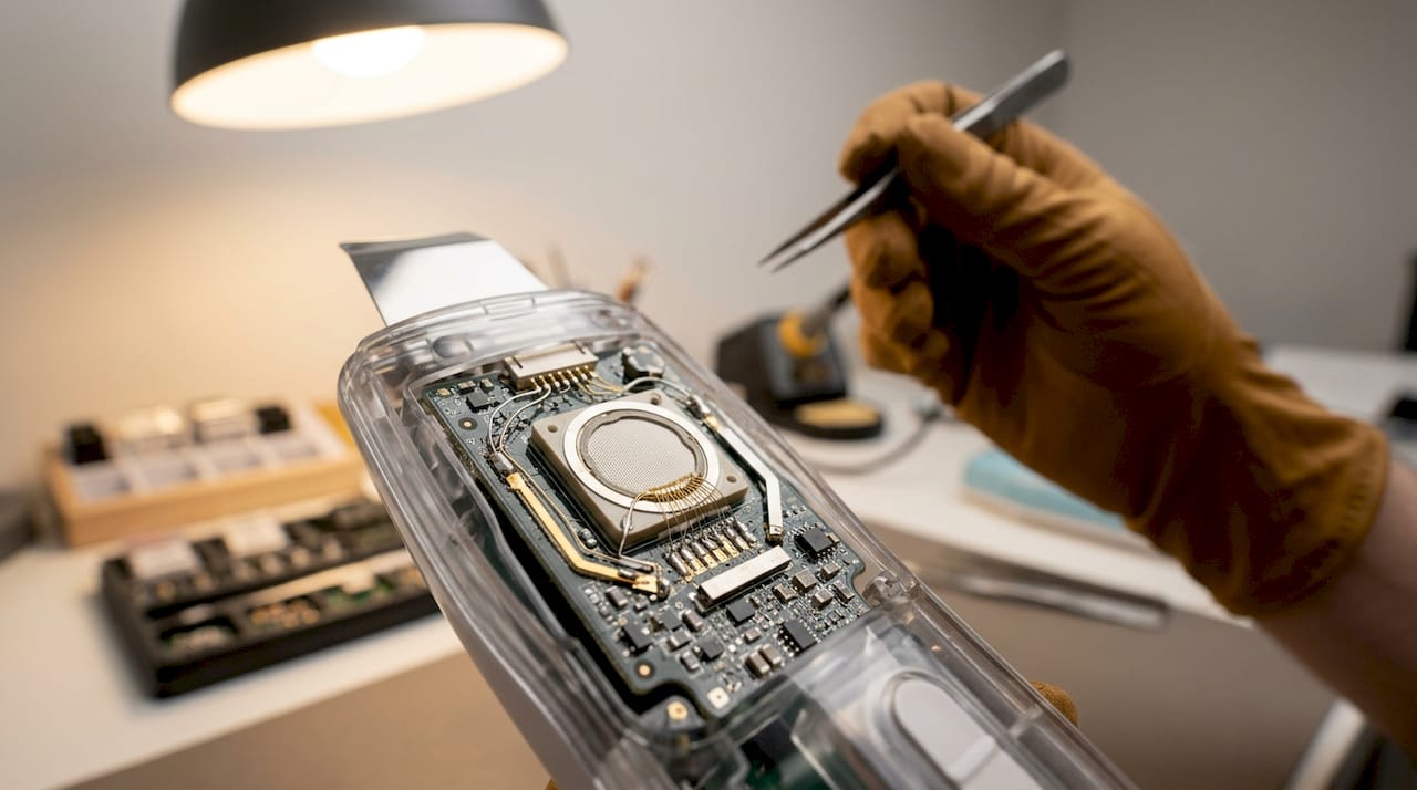 Macro view of piezoelectric ceramic transducer inside beauty device
