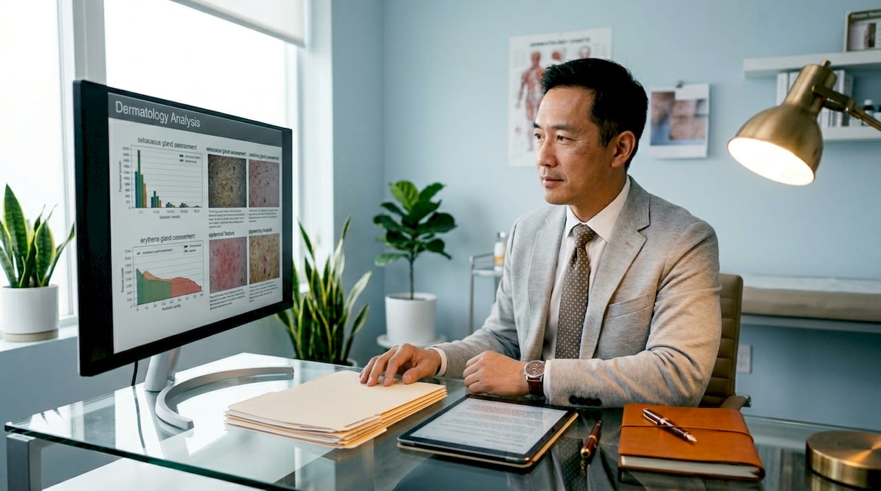 Dermatologist reviewing skin analysis data in clinic