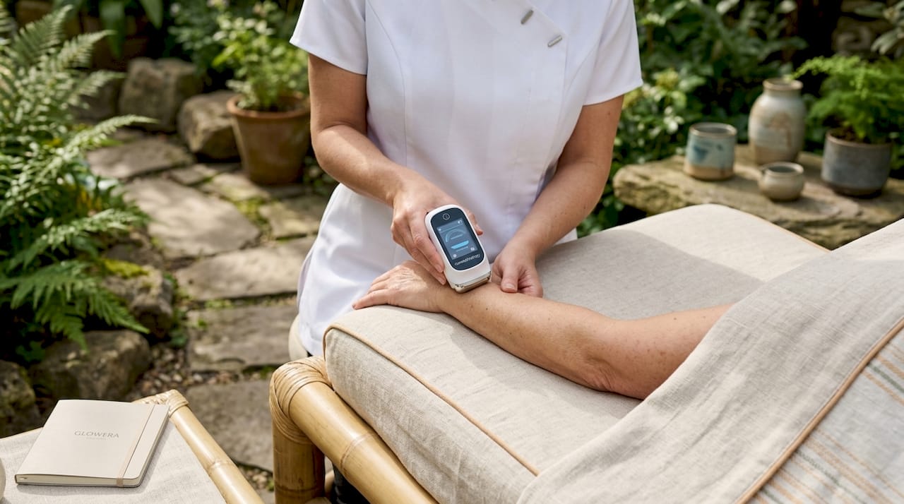 Esthetician applying nanotech skincare device on arm