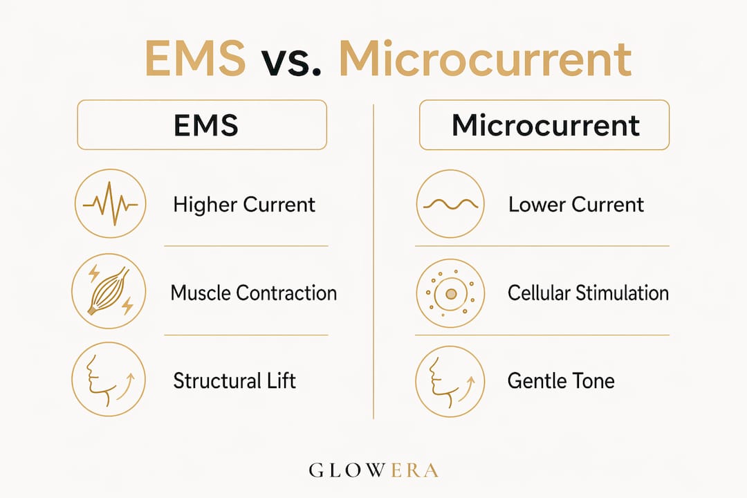Infographic comparing EMS and microcurrent facial treatments