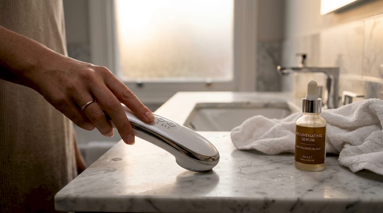 Close-up of radiofrequency Korean beauty device in hand