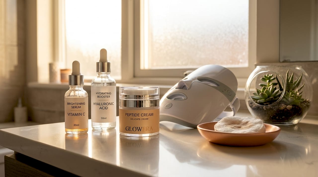 Skincare products paired with LED therapy device