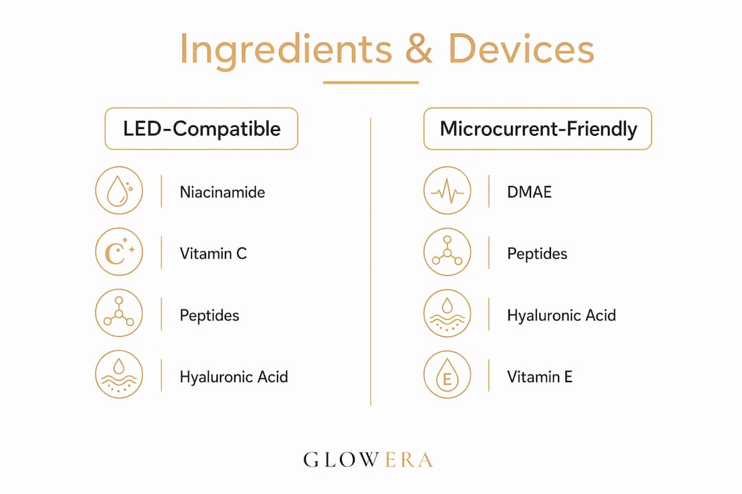 Infographic showing ingredients compatible with skincare devices