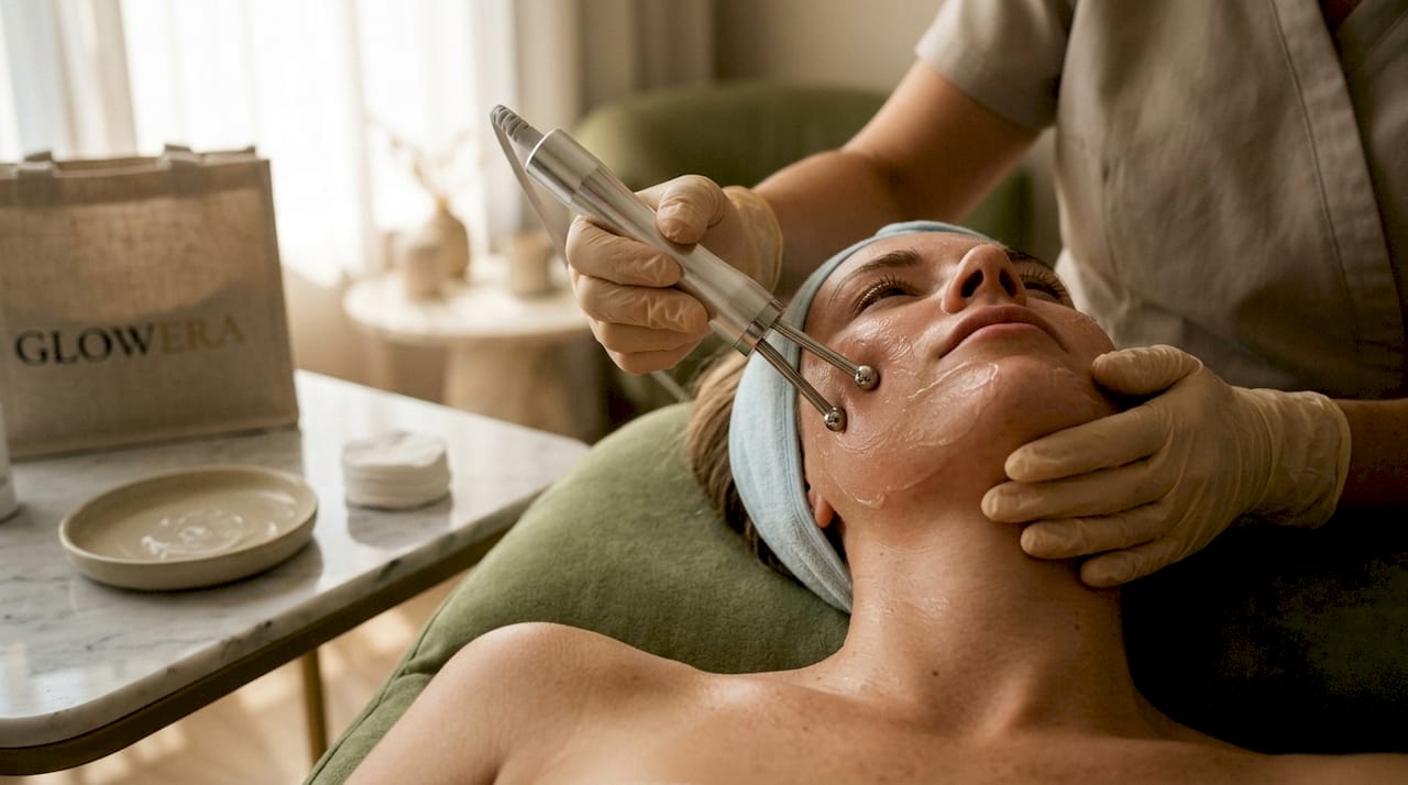 Esthetician applying microcurrent device to client’s face