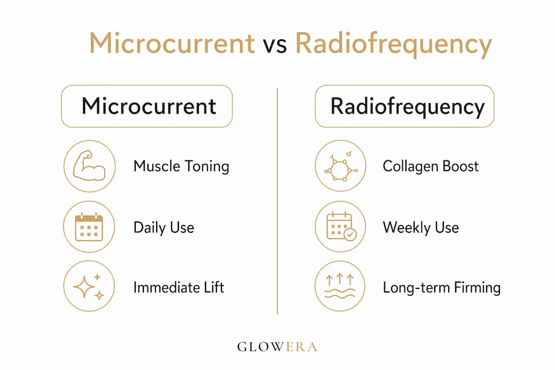 Infographic comparing microcurrent and radiofrequency device features