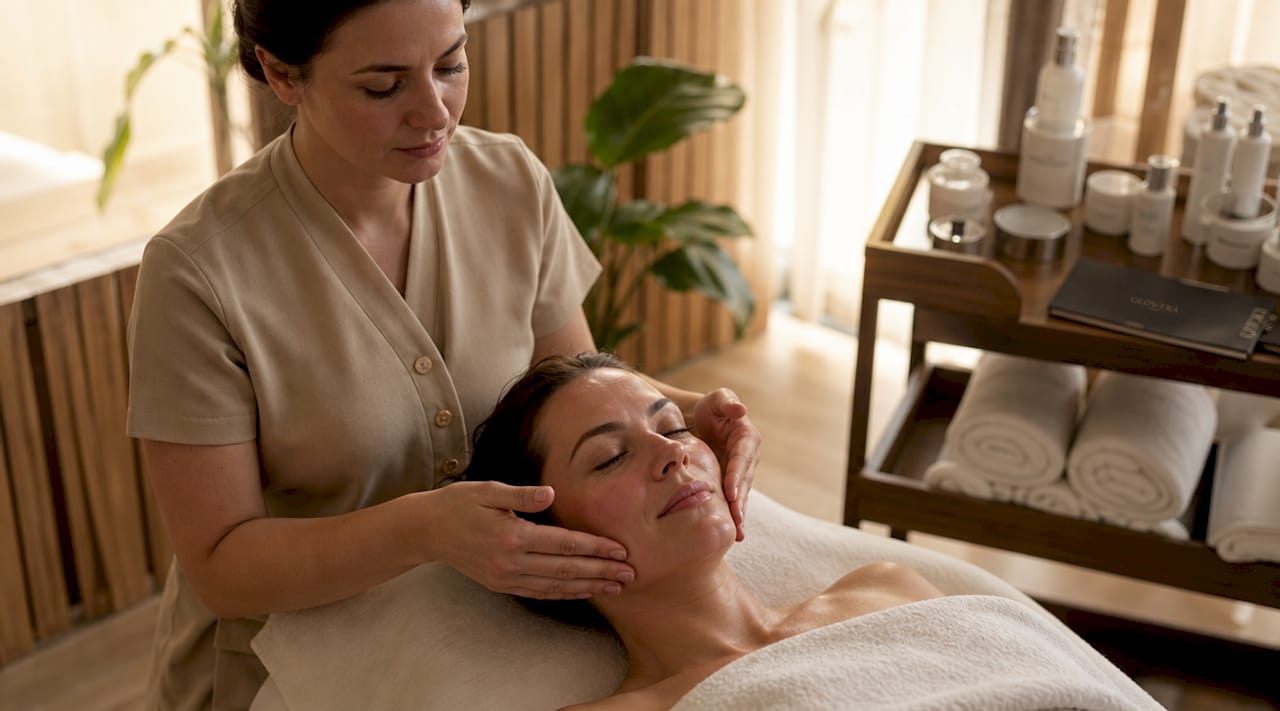 Esthetician hands massaging client’s face