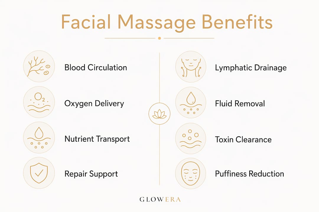 Infographic comparing blood circulation and lymphatic drainage benefits of facial massage