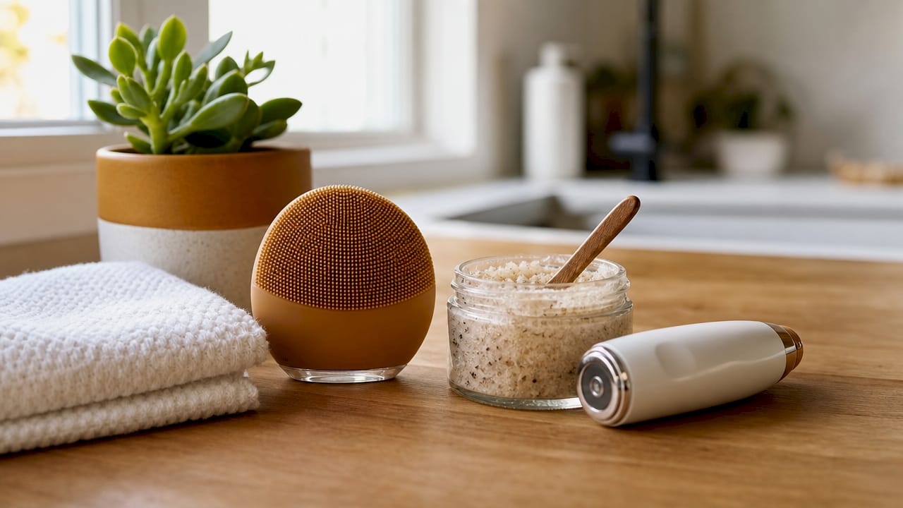 Top-down view of facial exfoliation tools on counter