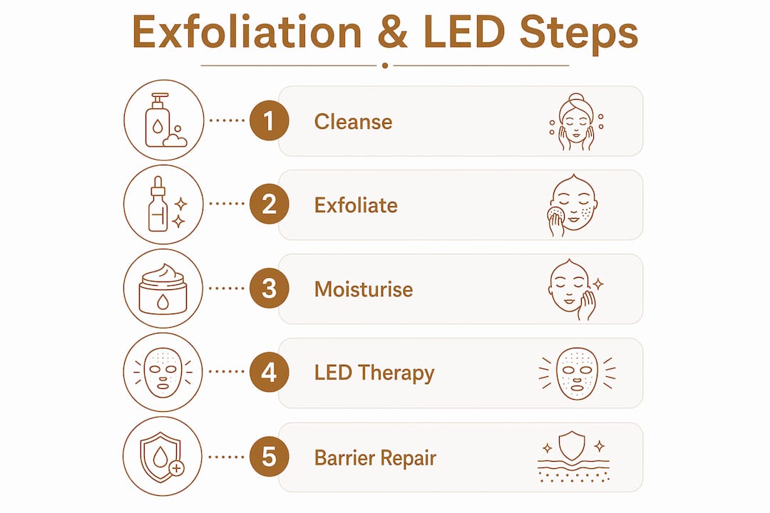 Infographic showing steps to combine exfoliation with LED therapy