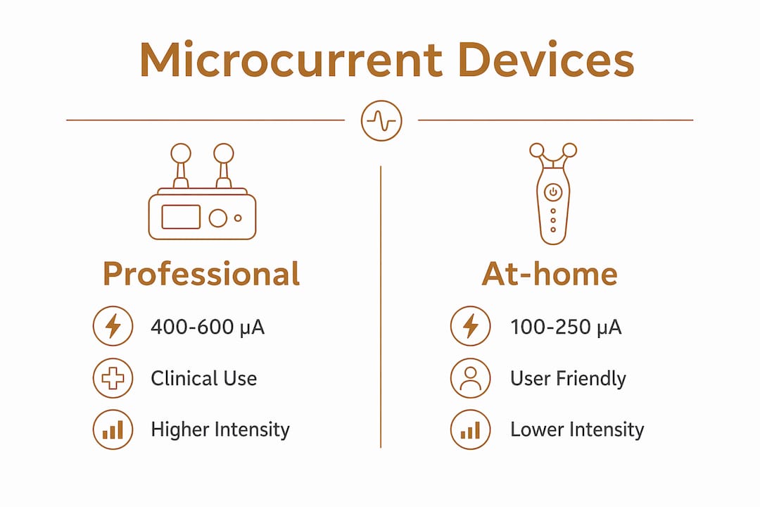 Comparison infographic of professional vs at-home microcurrent devices