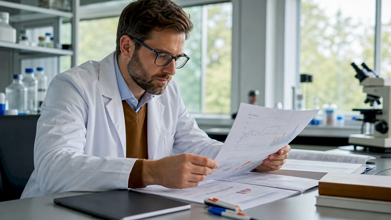 Scientist reviewing randomised controlled trial data