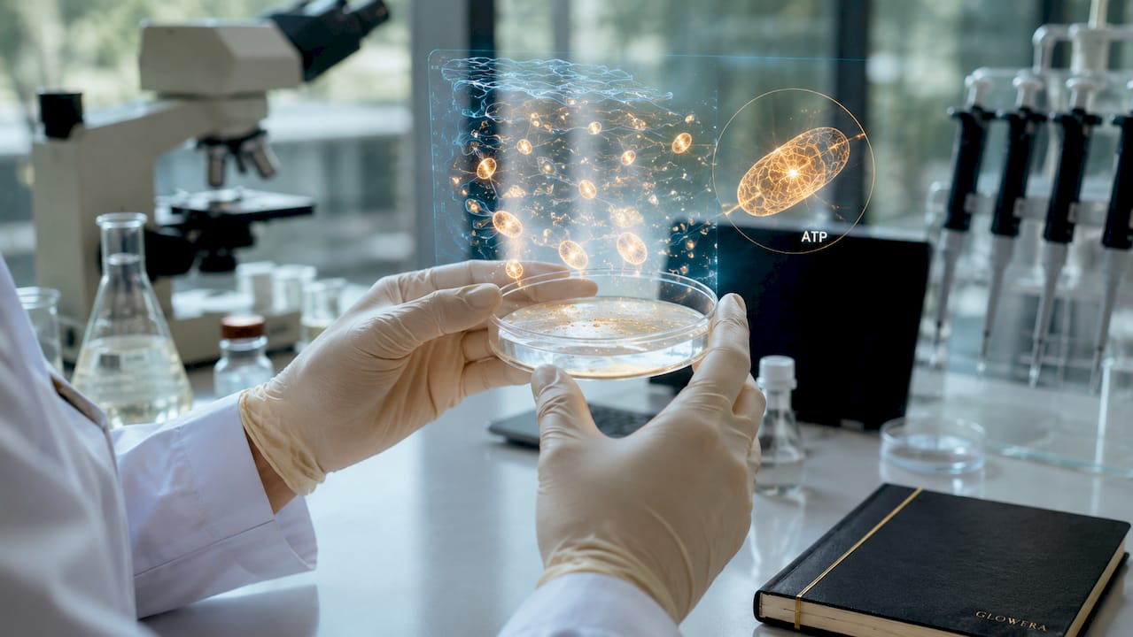 Scientific illustration of ATP production in skin cells