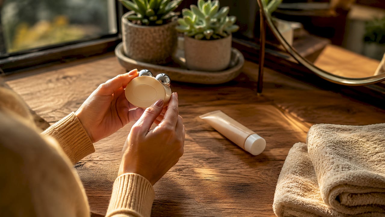 Hands holding FOREO BEAR microcurrent device