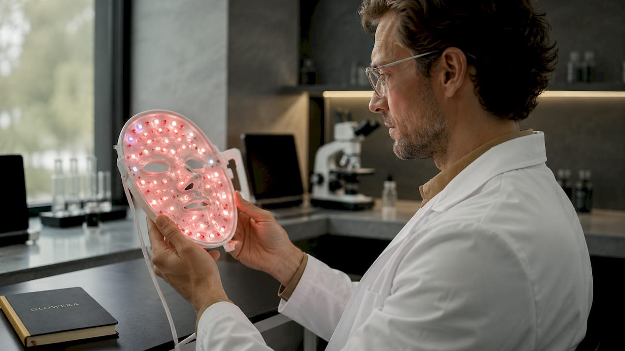Researcher inspecting CurrentBody LED face mask closely
