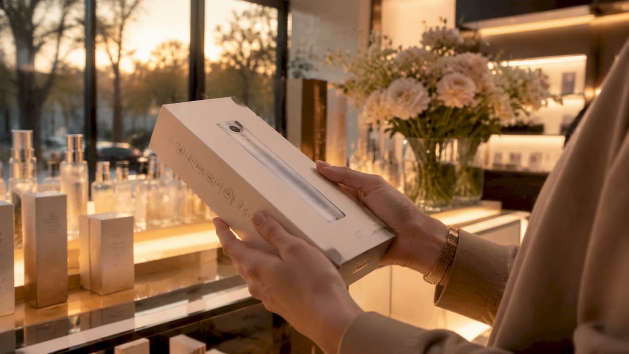 Hands inspecting beauty device packaging details