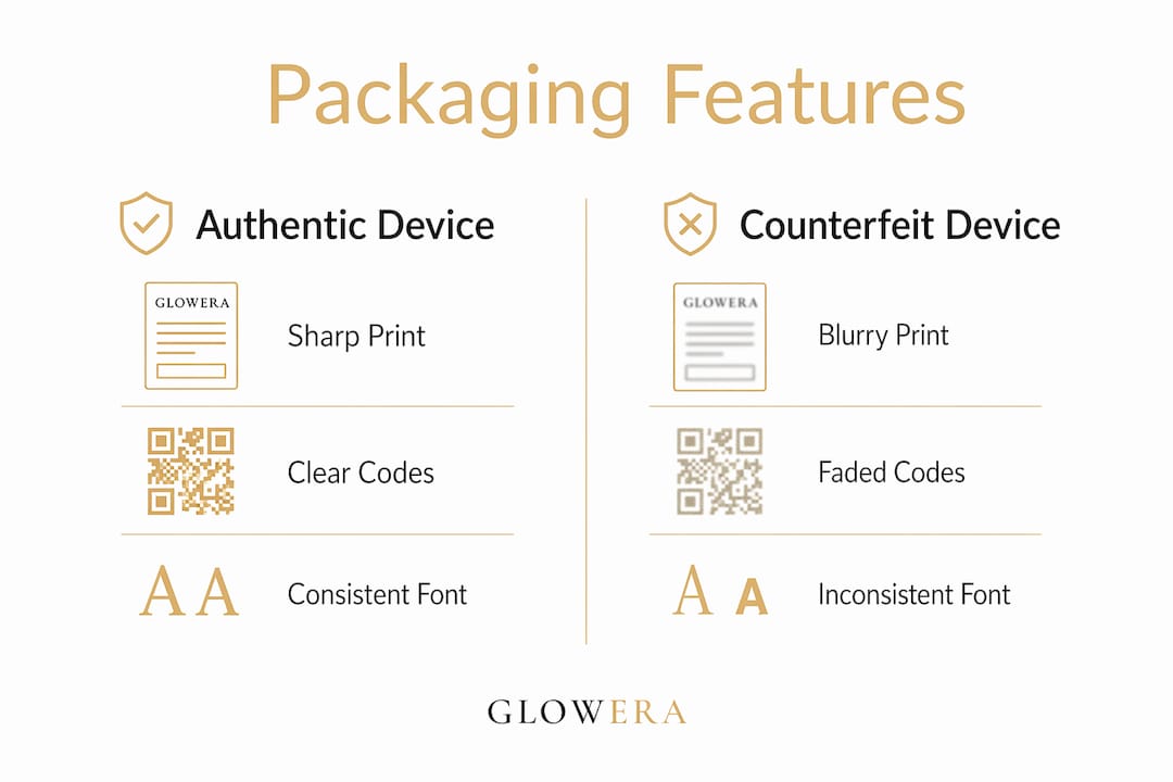 Infographic comparing authentic and counterfeit packaging