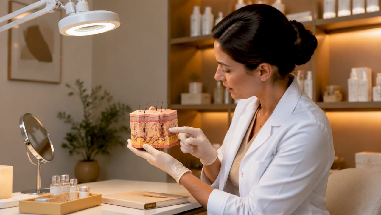 Dermatologist demonstrating skin barrier and microneedle model