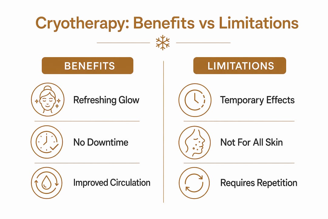 Infographic comparing cryotherapy facial benefits and limitations