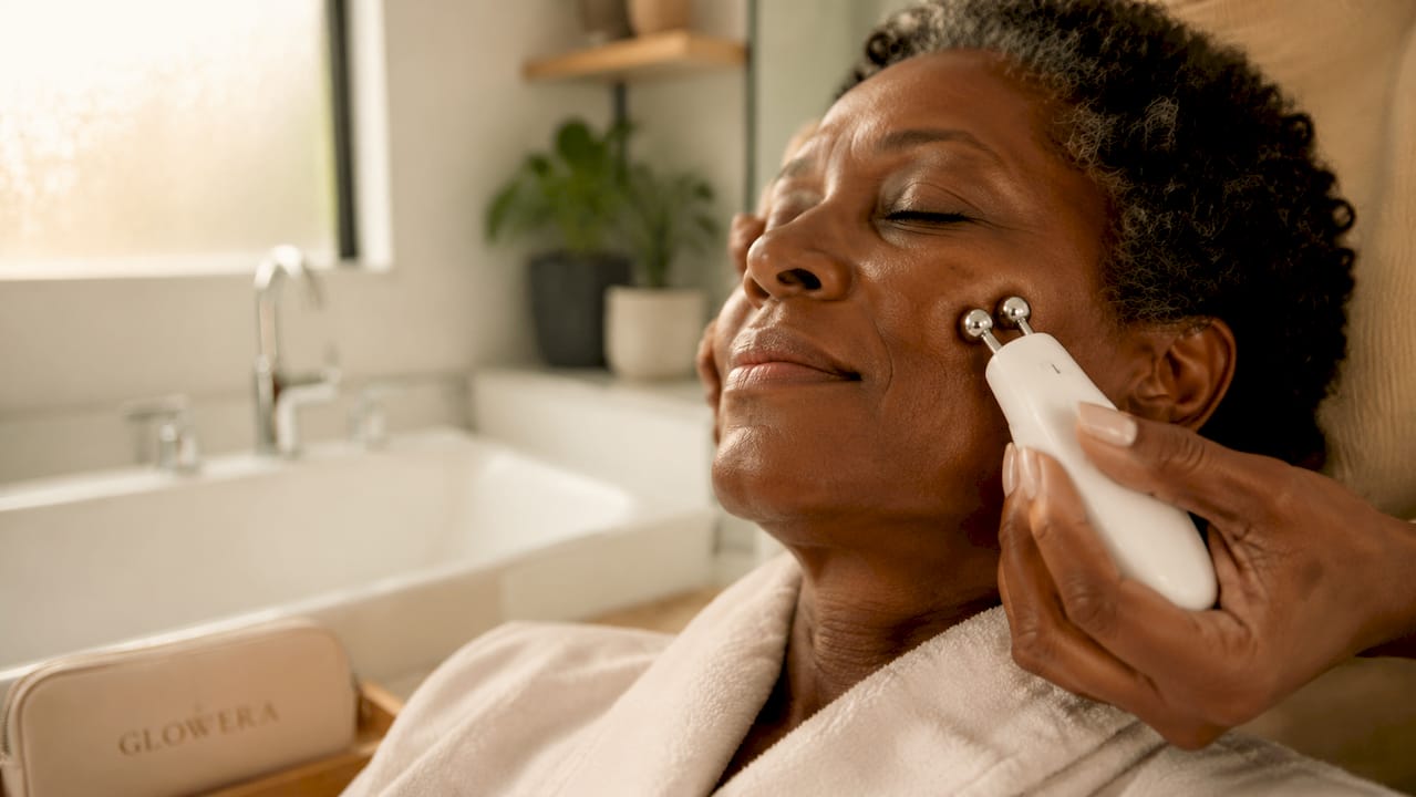 Hands holding microcurrent device on facial skin