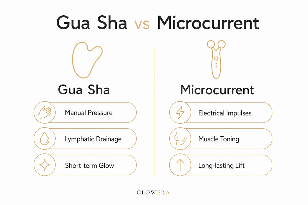 Infographic comparing gua sha and microcurrent facial tools