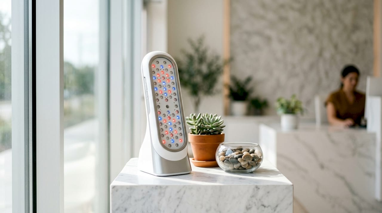 Close-up of Shark Beauty LED device on table