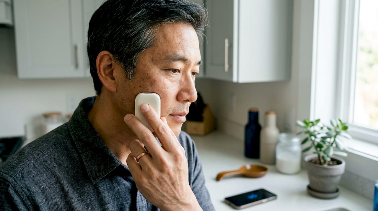 Man using skin sensor beauty device at home