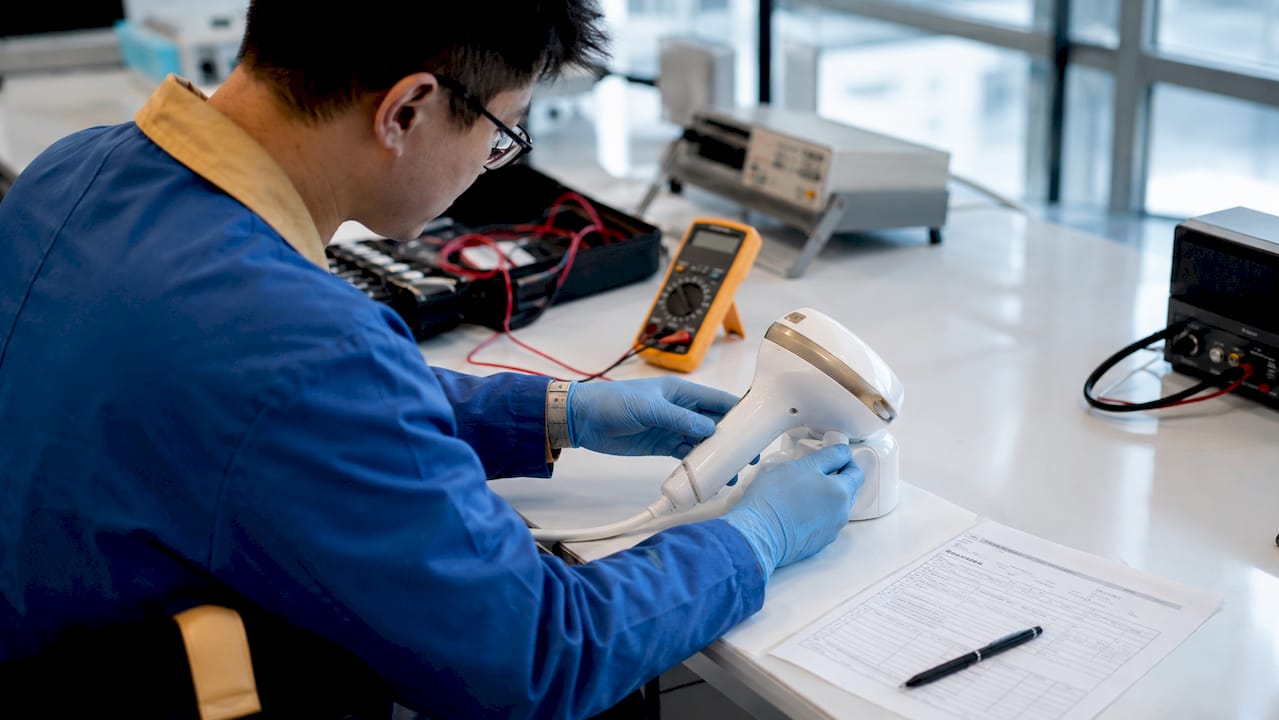 Hands conducting electrical safety test on device