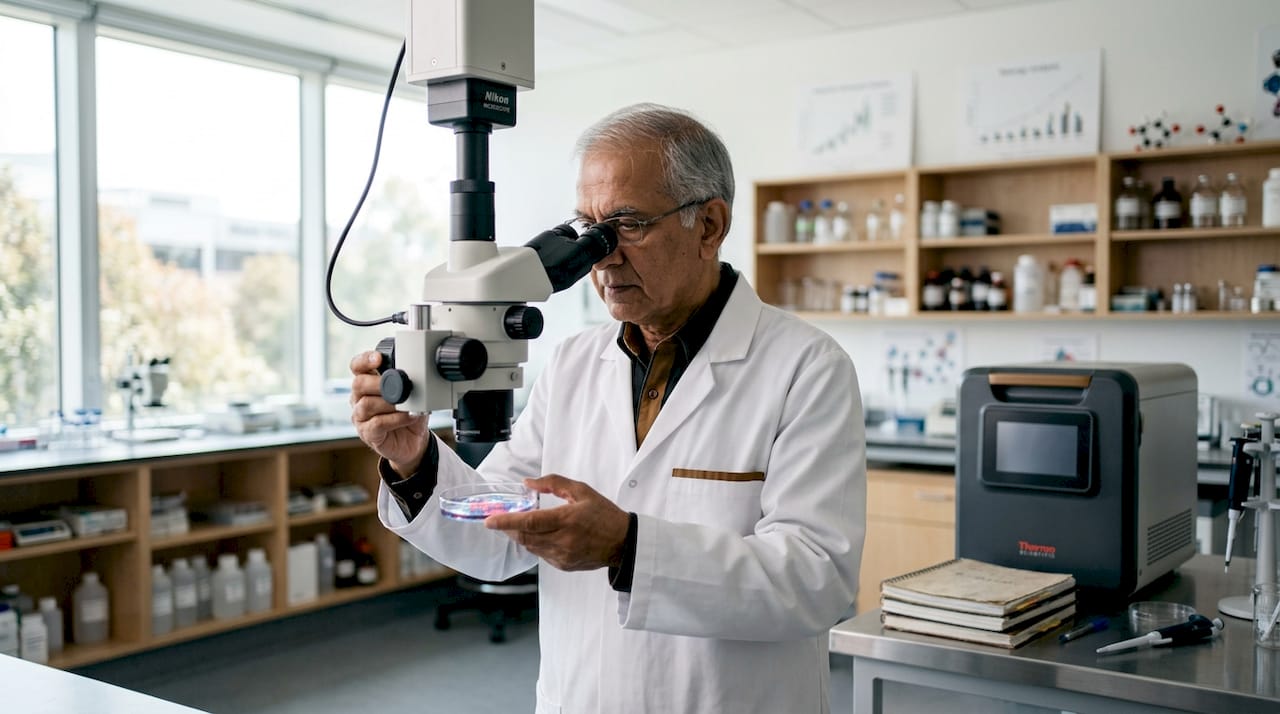 Researcher examining skin cells under microscope